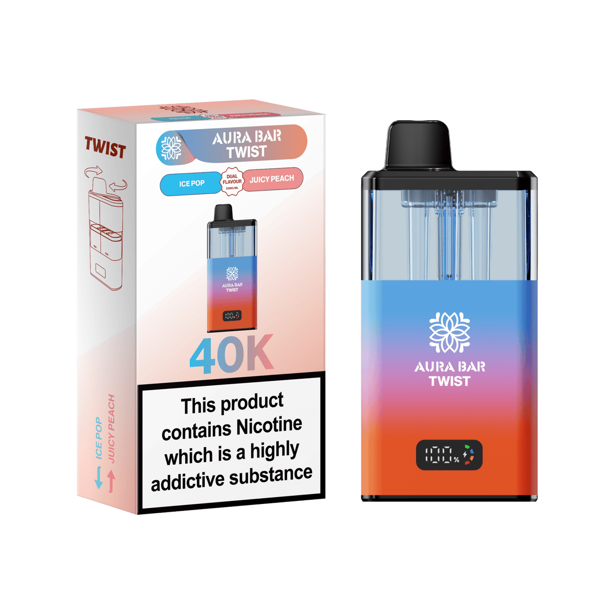 Buy Aura Bar Twist 40k Prefilled Pod Vape Kit Box of 5 - Ice Pop / Juicy Peach