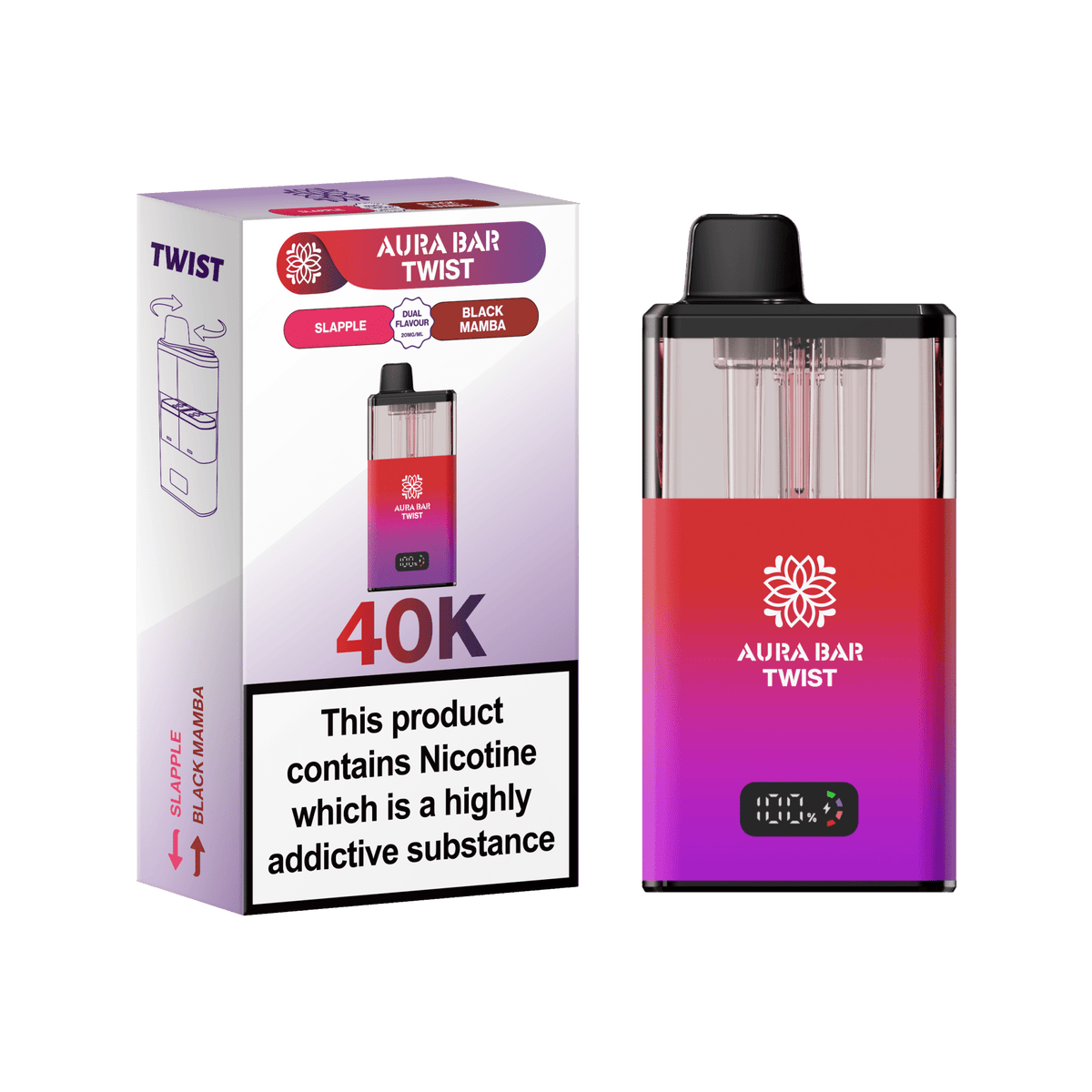 Buy Aura Bar Twist 40k Prefilled Pod Vape Kit Box of 5 - Slapple / Black Mamba