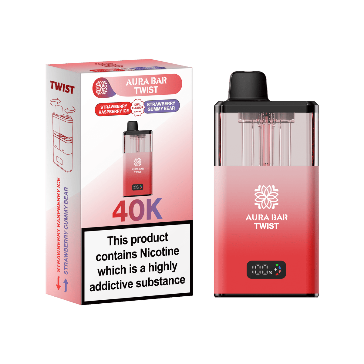 Buy Aura Bar Twist 40k Prefilled Pod Vape Kit Box of 5 - Strawberry Raspberry Ice / Strawberry Gummy Bear
