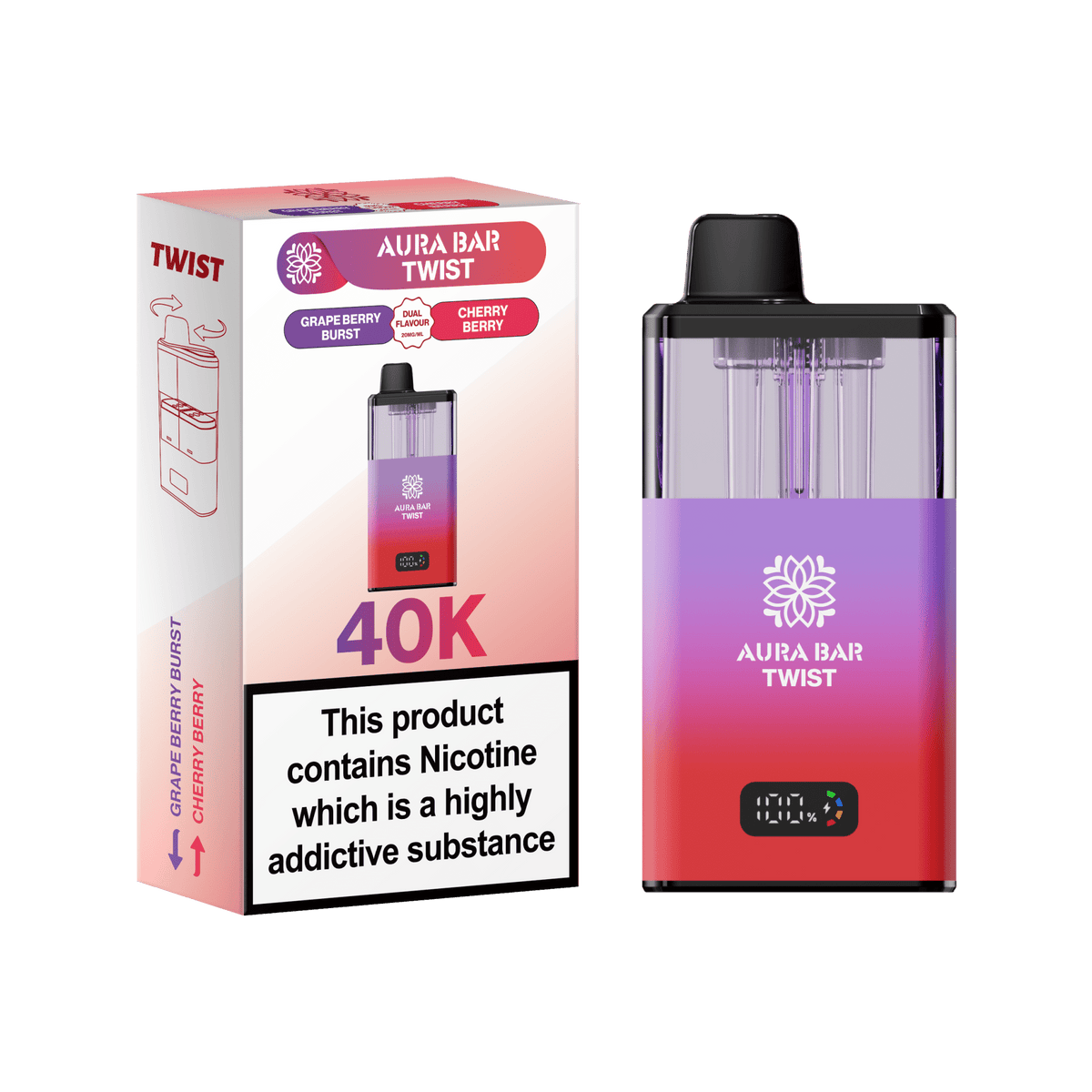 Buy Aura Bar Twist 40k Prefilled Pod Vape Kit Box of 5 - Grape Berry Burst / Cherry Berry