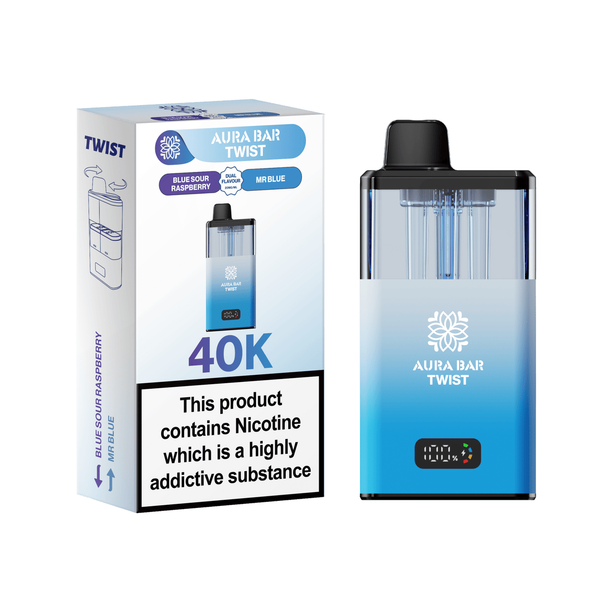 Buy Aura Bar Twist 40k Prefilled Pod Vape Kit Box of 5 - Blue Sour Raspberry / Mr Blue