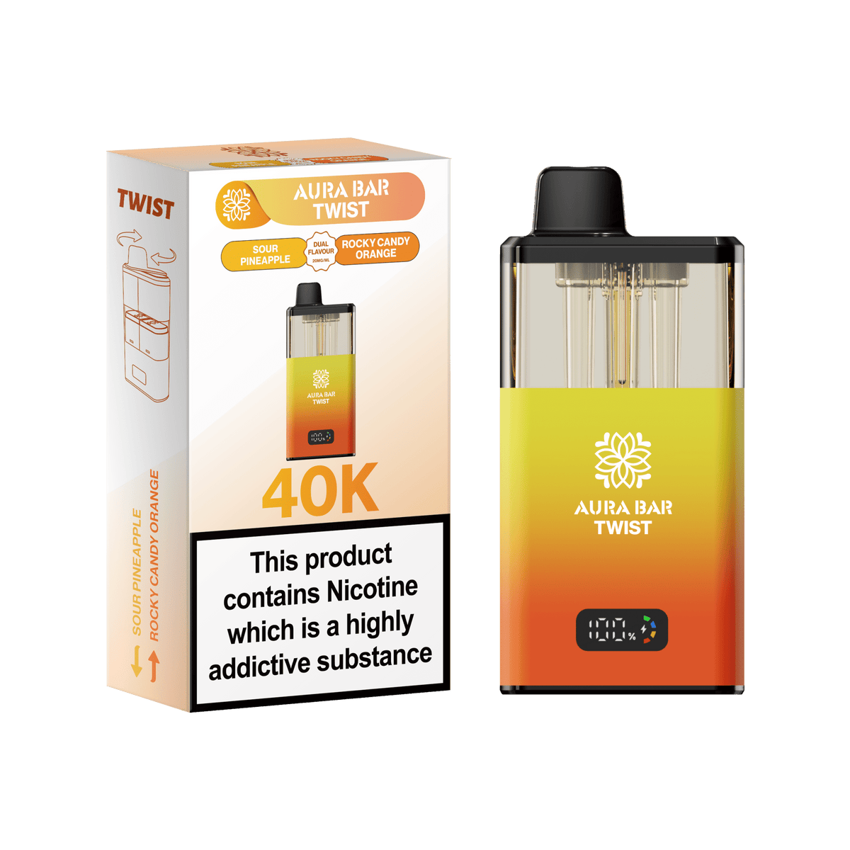 Buy Aura Bar Twist 40k Prefilled Pod Vape Kit Box of 5 - Sour Pineapple / Rocky Candy Orange