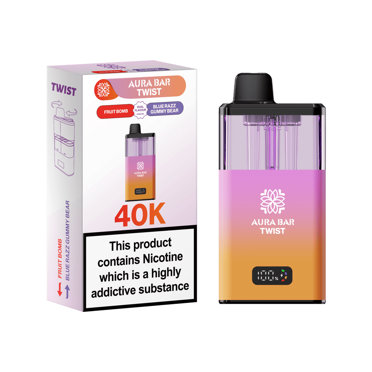 Buy Aura Bar Twist 40k Prefilled Pod Vape Kit Box of 5 - Fruit Bomb / Blue Razz Gummy Bear