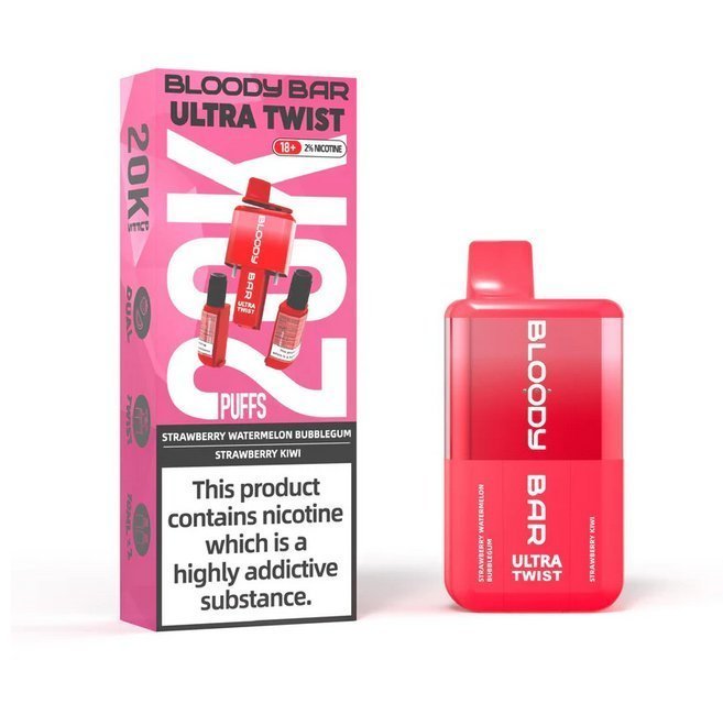 Buy Bloody Bar Ultra Twist 20000 Puffs Disposable Vape Box of 5 - Strawberry Watermelon Bubblegum/Strawberry Kiwi