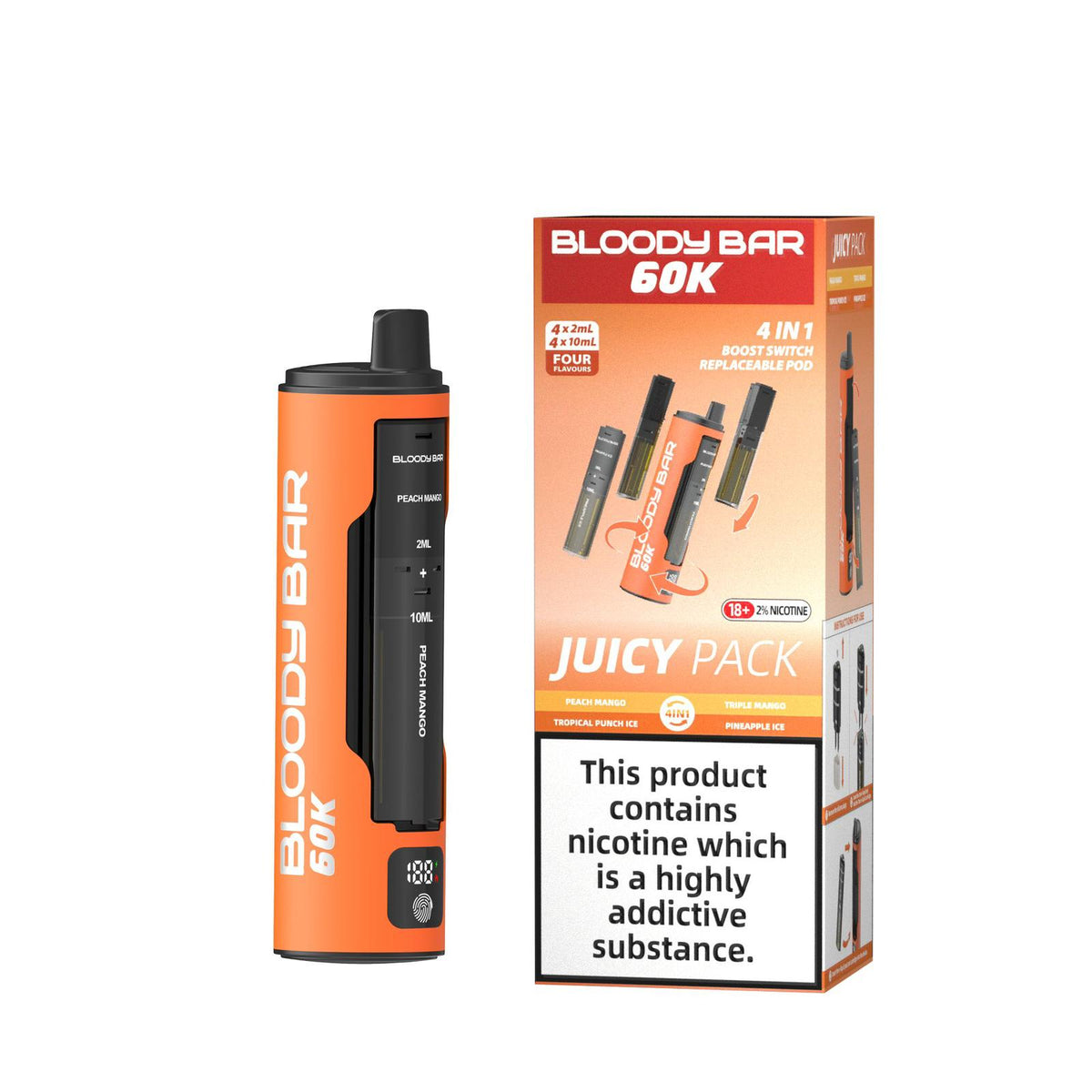 Buy Bloody Bar 60k Prefilled 4 In 1 Pod Vape Kit Box of 5 - Peach Mango/Tropical Punch Ice/Triple Mango/Pineapple Ice