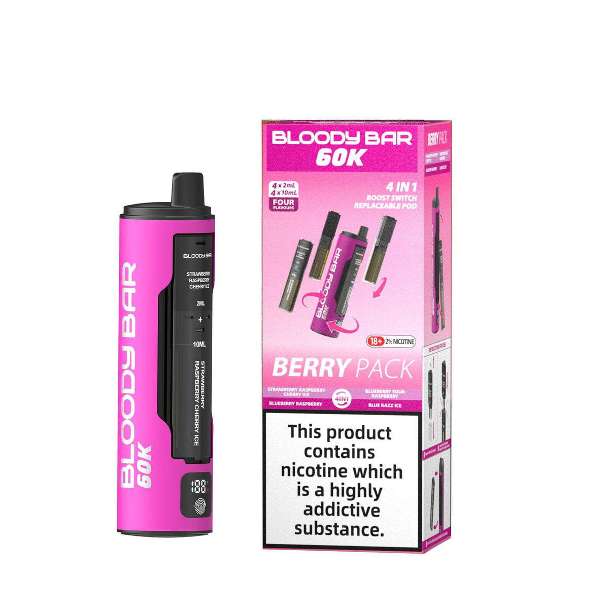 Buy Bloody Bar 60k Prefilled 4 In 1 Pod Vape Kit Box of 5 - Strawberry Raspberry Cherry Ice/Blueberry Raspberry/Blueberry Sour Raspberry/Blue Razz Ice