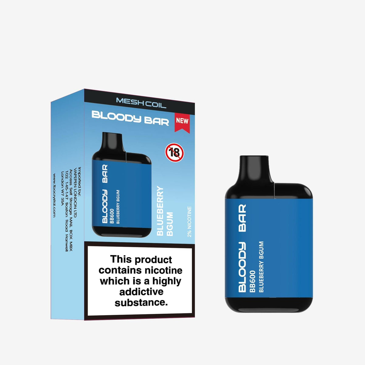 Buy Bloody Bar BB600 Prefilled Pod Vape Pack of 10 - Blueberry BGum