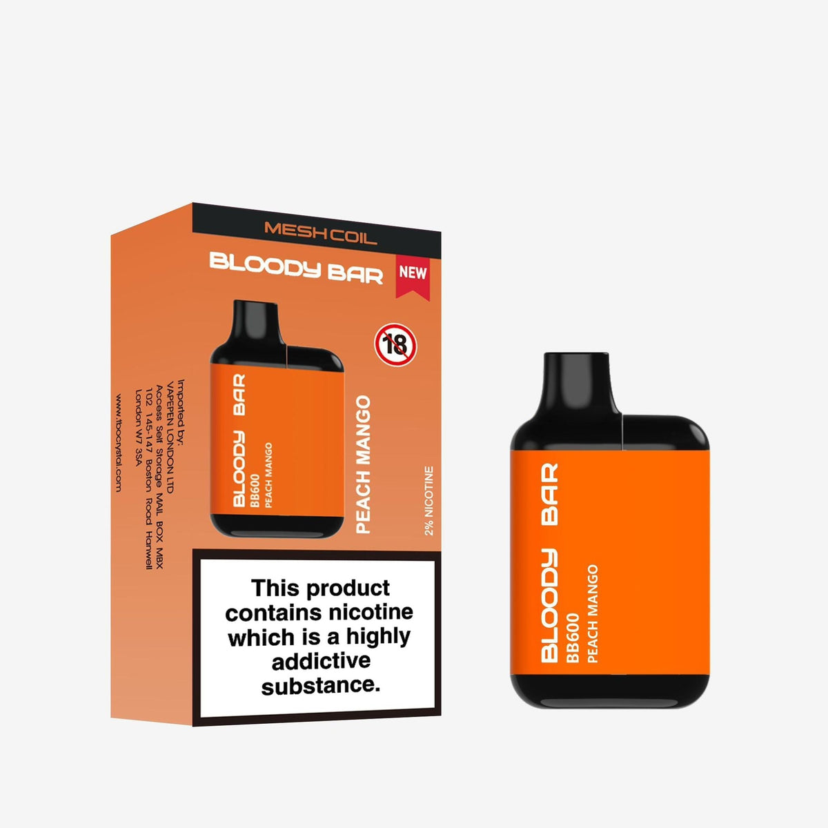 Buy Bloody Bar BB600 Prefilled Pod Vape Pack of 10 - Peach Mango