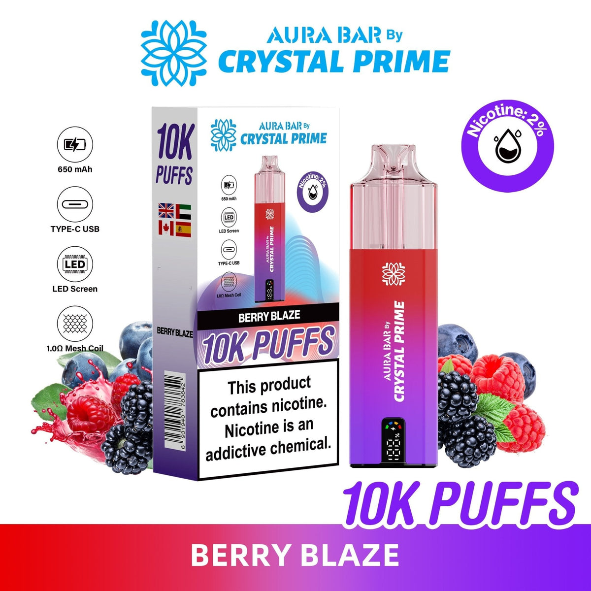 Buy Crystal Prime Aura Bar 10k Prefilled Pod Vape - Pack of 5 - Berry Blaze
