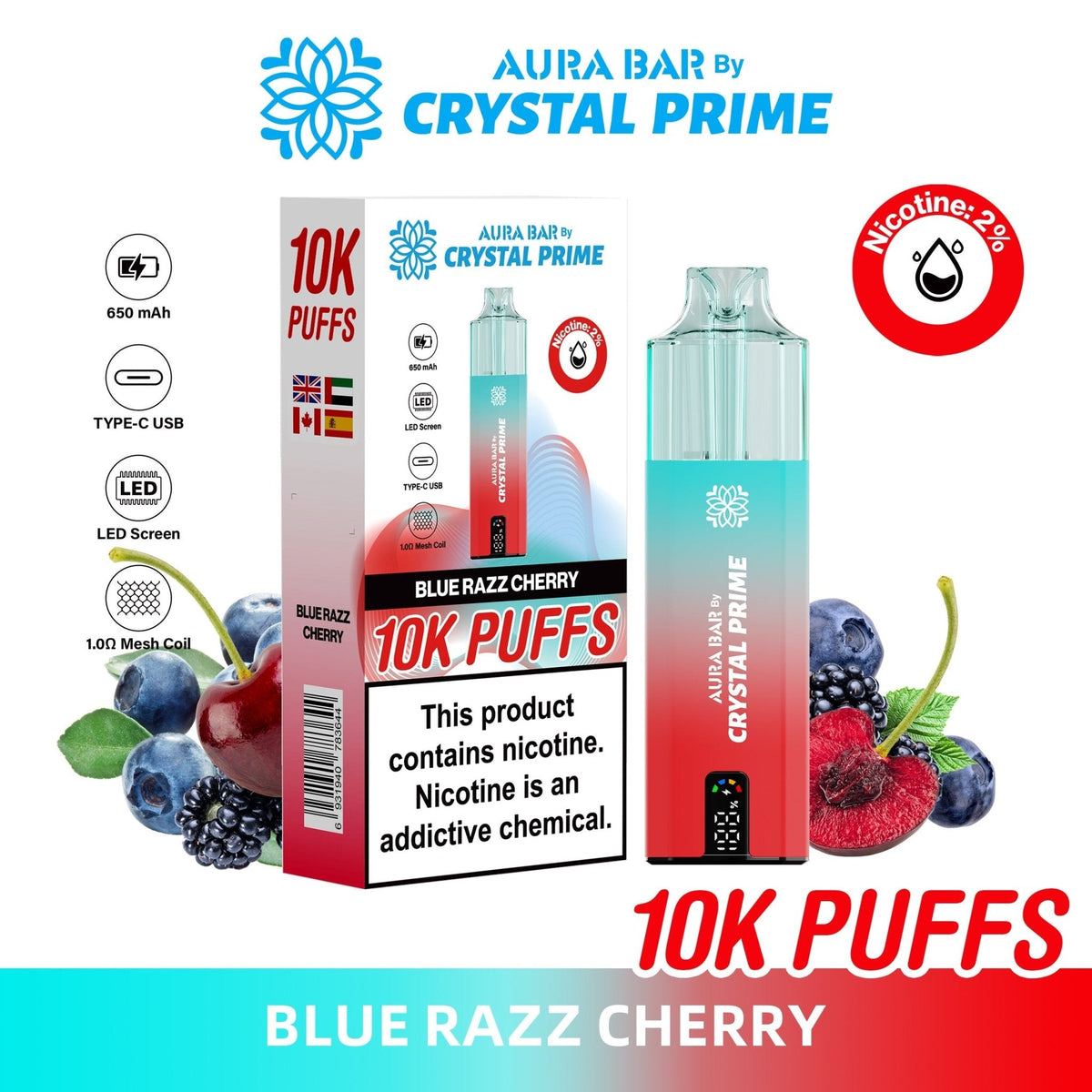 Buy Crystal Prime Aura Bar 10k Prefilled Pod Vape - Pack of 5 - Blue Razz Cherry