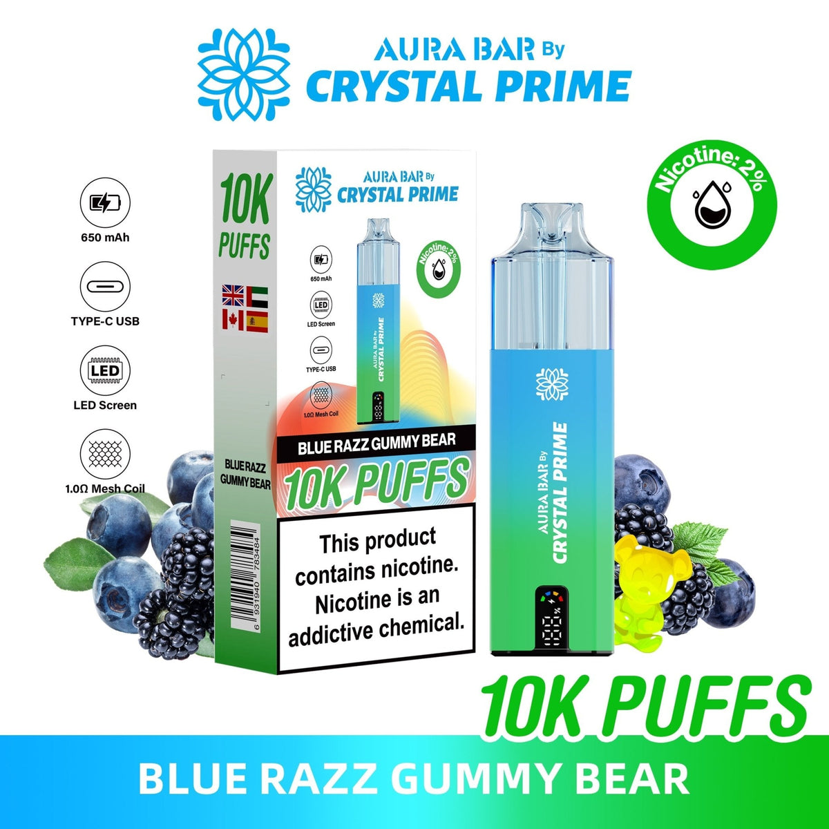 Buy Crystal Prime Aura Bar 10k Prefilled Pod Vape - Pack of 5 - Blue Razz Gummy Bear