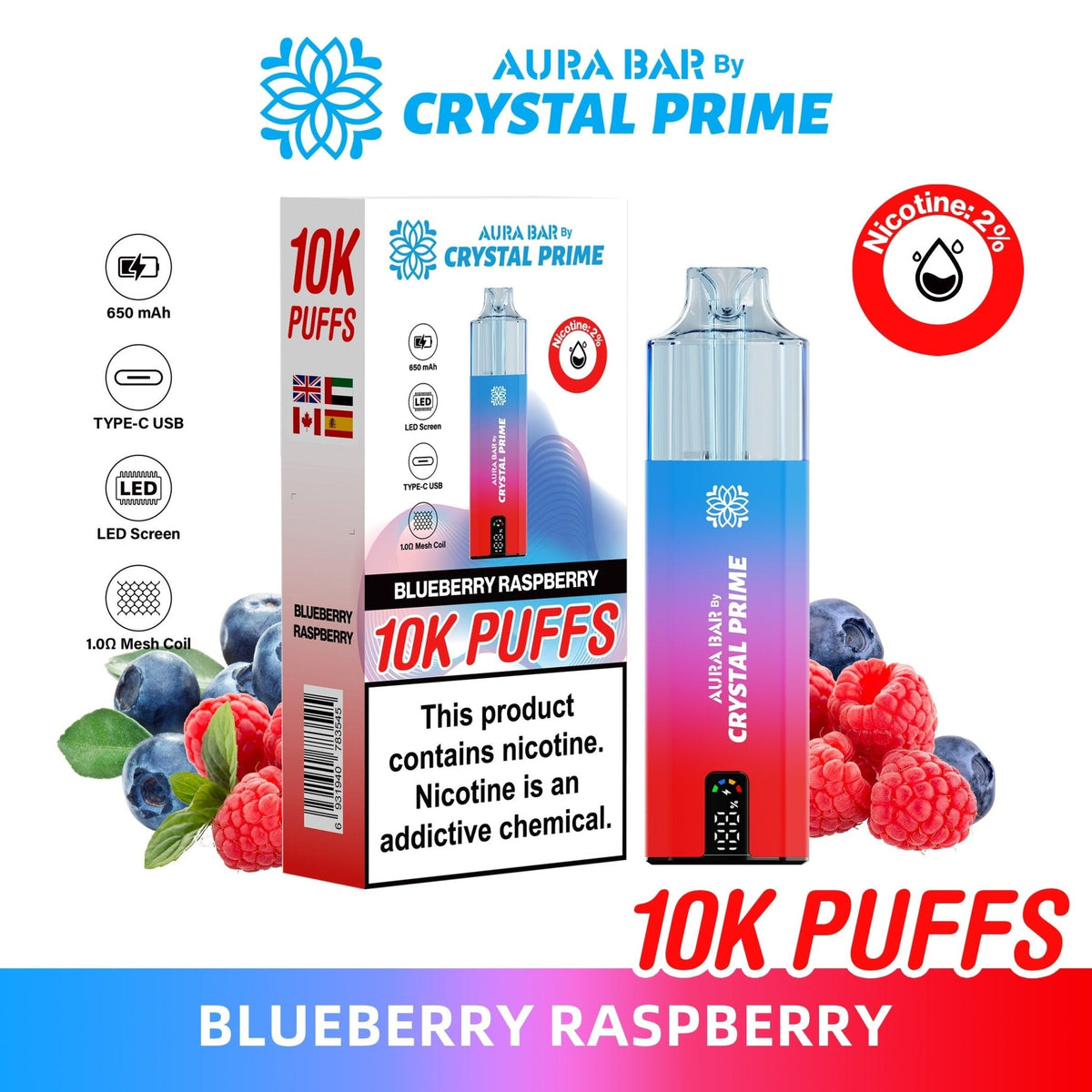 Buy Crystal Prime Aura Bar 10k Prefilled Pod Vape - Pack of 5 - Blueberry Raspberry