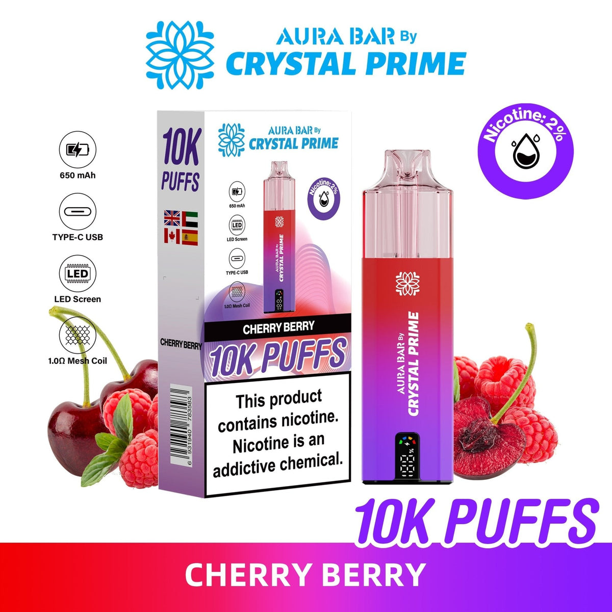 Buy Crystal Prime Aura Bar 10k Prefilled Pod Vape - Pack of 5 - Cherry Berry
