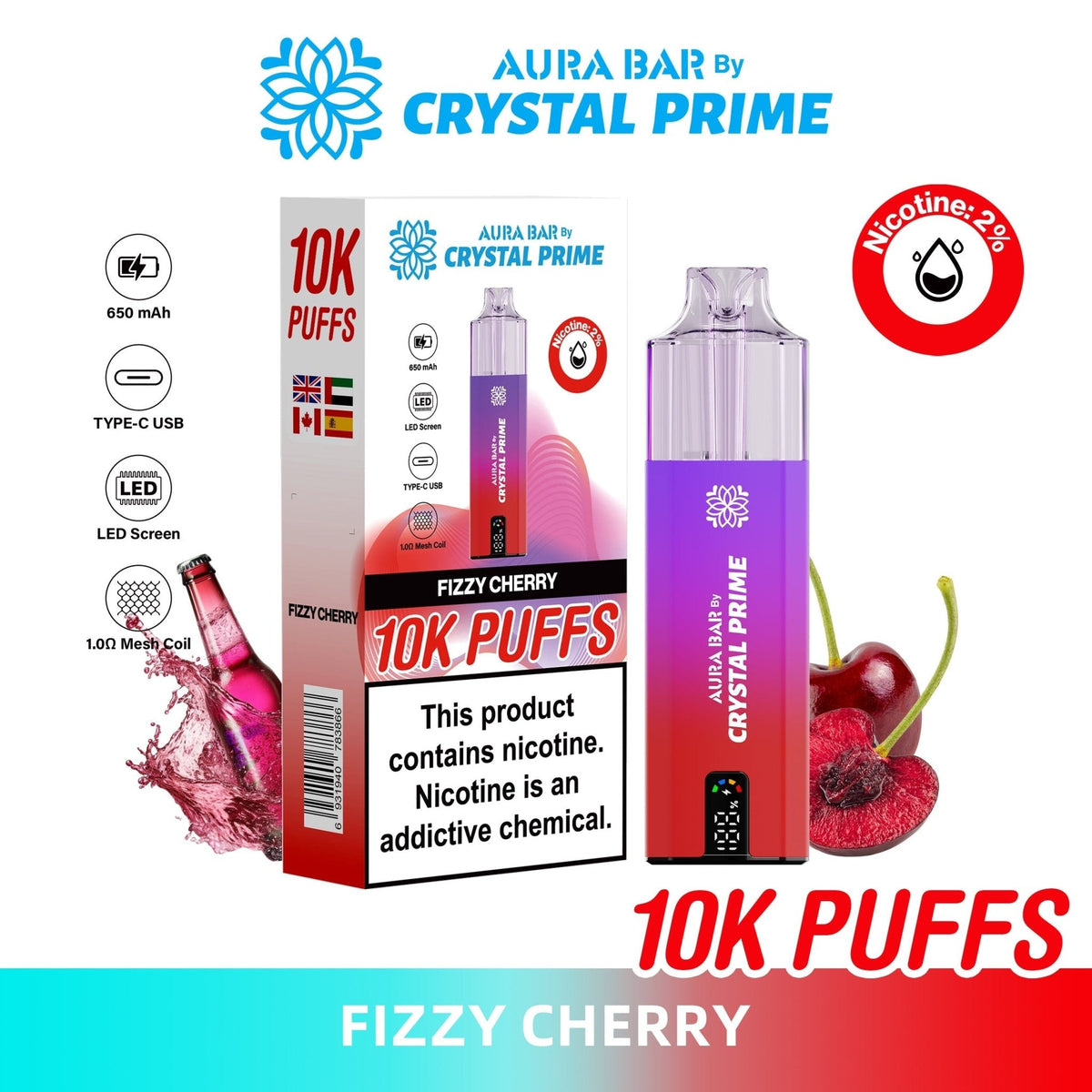 Buy Crystal Prime Aura Bar 10k Prefilled Pod Vape - Pack of 5 - Fizzy Cherry