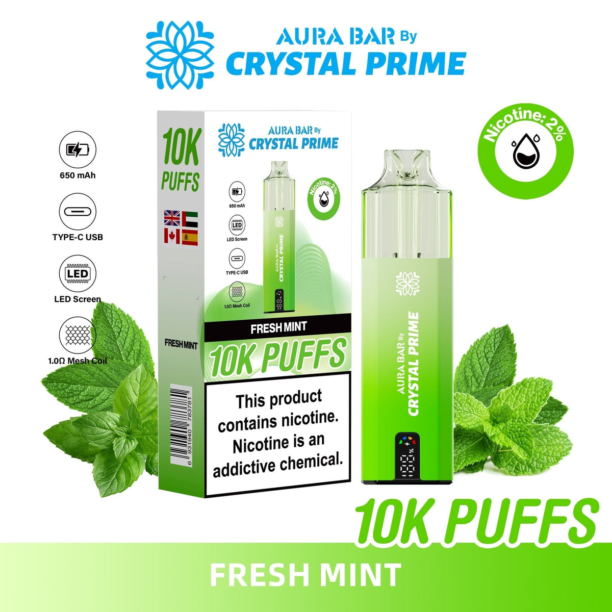 Buy Crystal Prime Aura Bar 10k Prefilled Pod Vape - Pack of 5 - Fresh Mint