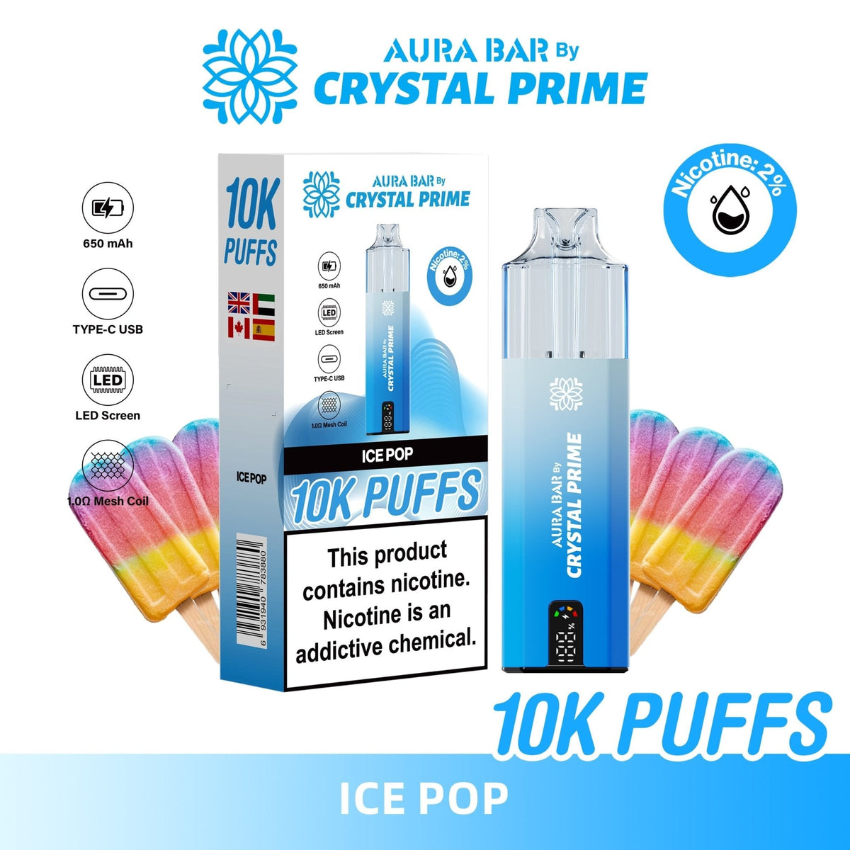 Buy Crystal Prime Aura Bar 10k Prefilled Pod Vape - Pack of 5 - Ice Pop
