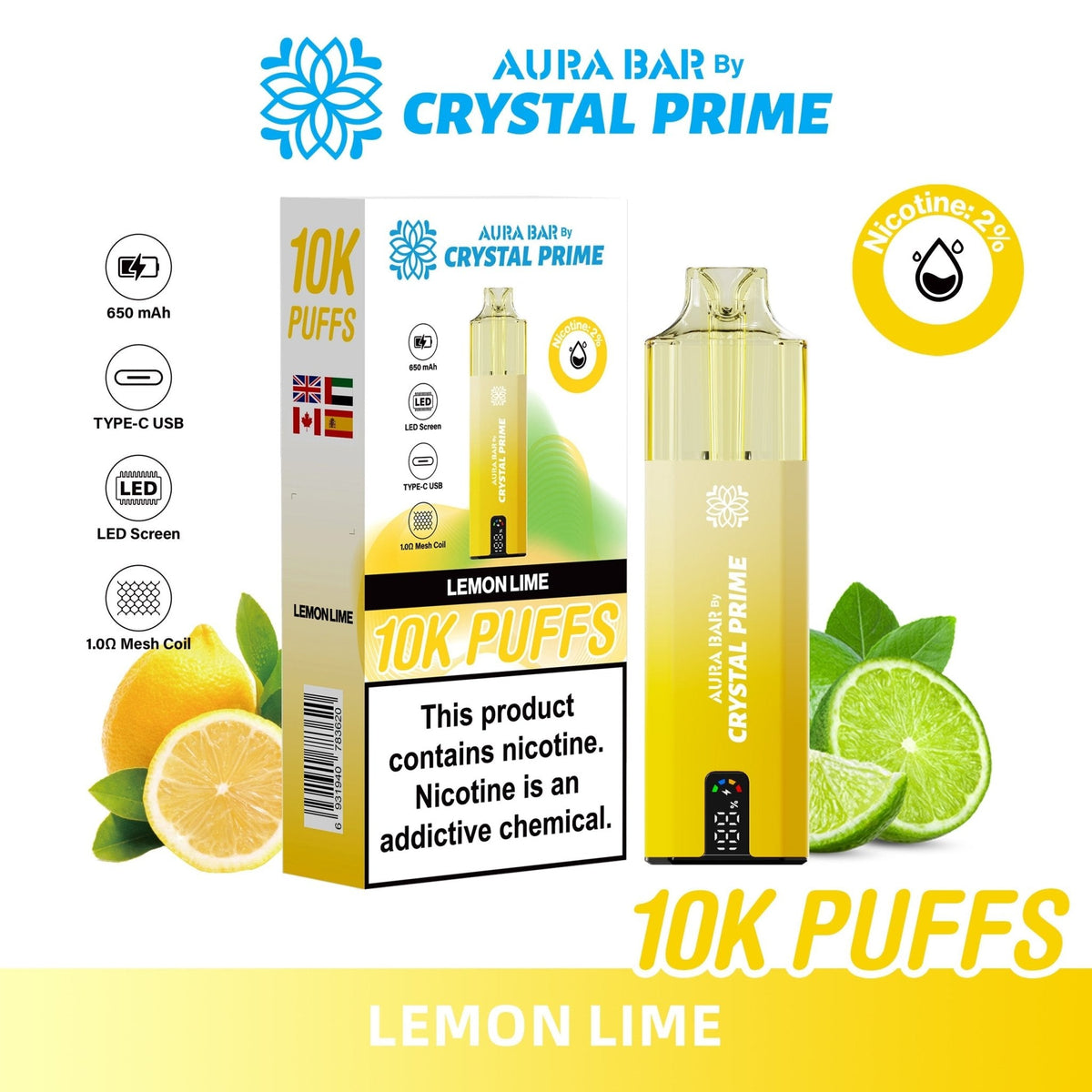 Buy Crystal Prime Aura Bar 10k Prefilled Pod Vape - Pack of 5 - Lemon Lime