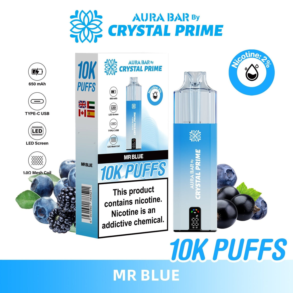 Buy Crystal Prime Aura Bar 10k Prefilled Pod Vape - Pack of 5 - Mr Blue