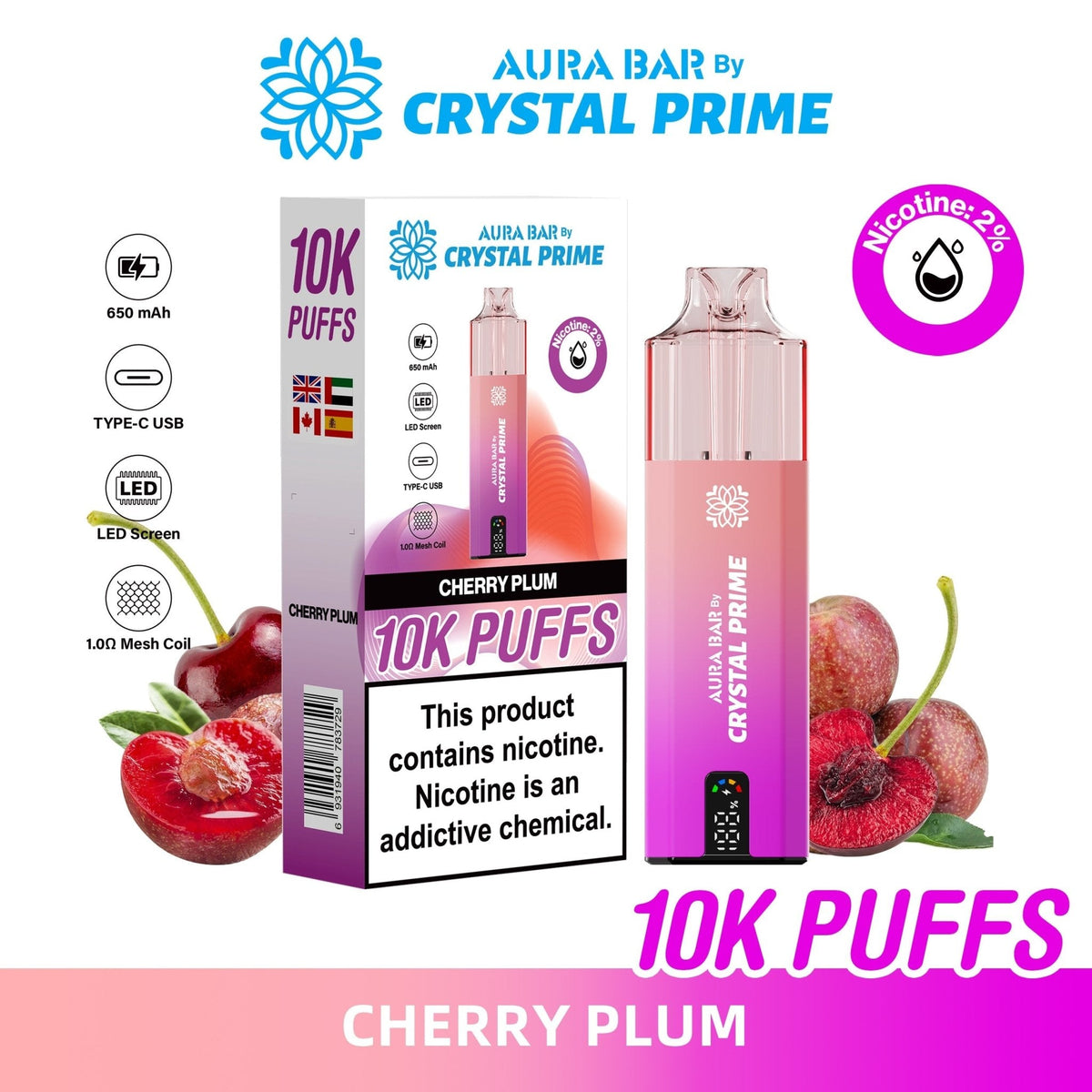 Buy Crystal Prime Aura Bar 10k Prefilled Pod Vape - Pack of 5 - Plum Cherry