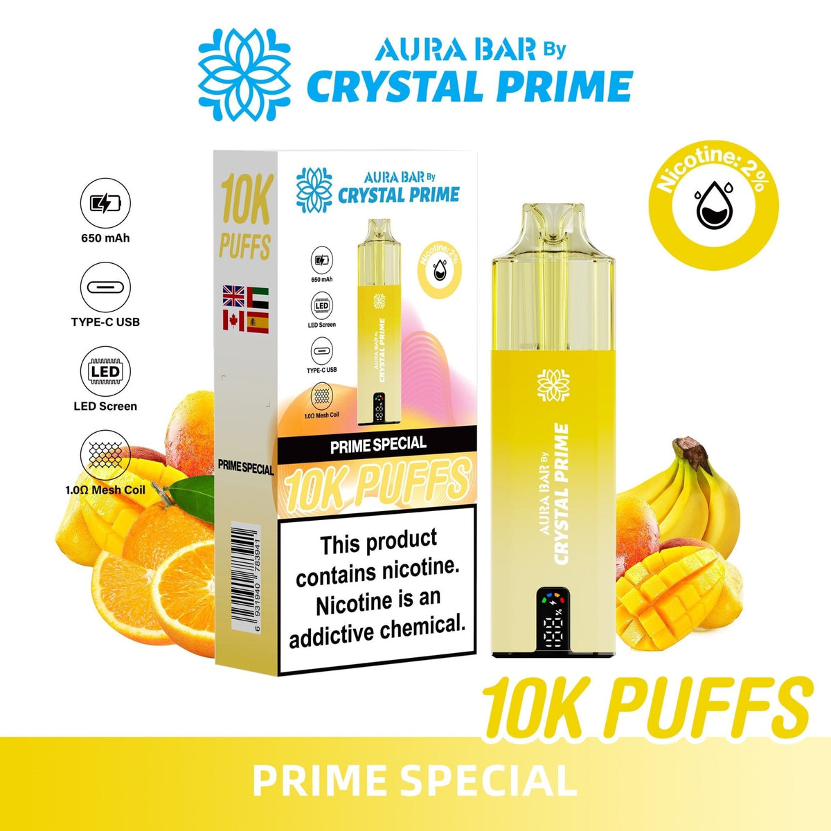 Buy Crystal Prime Aura Bar 10k Prefilled Pod Vape - Pack of 5 - Prime Special