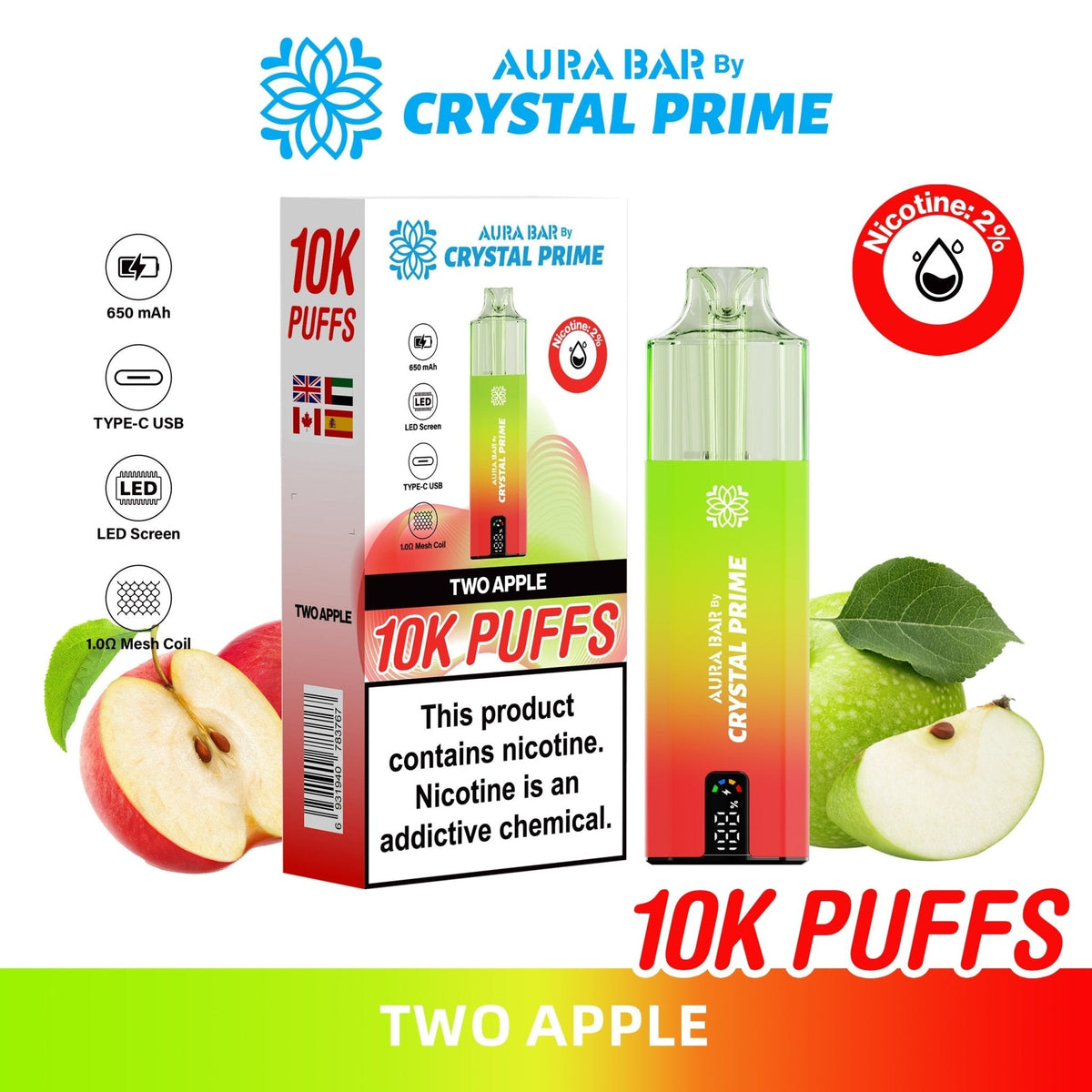 Buy Crystal Prime Aura Bar 10k Prefilled Pod Vape - Pack of 5 - Two Apple