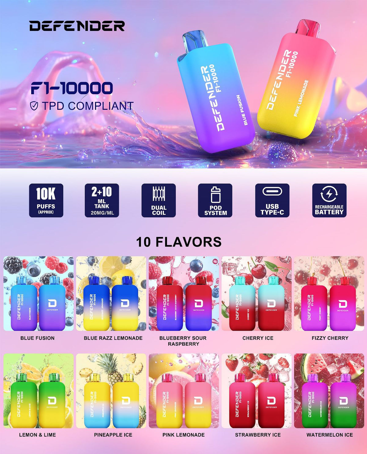 Buy Defender F1 - 10000 Prefilled Pod Vape Kit ( Box of 5 ) - Blue Fusion