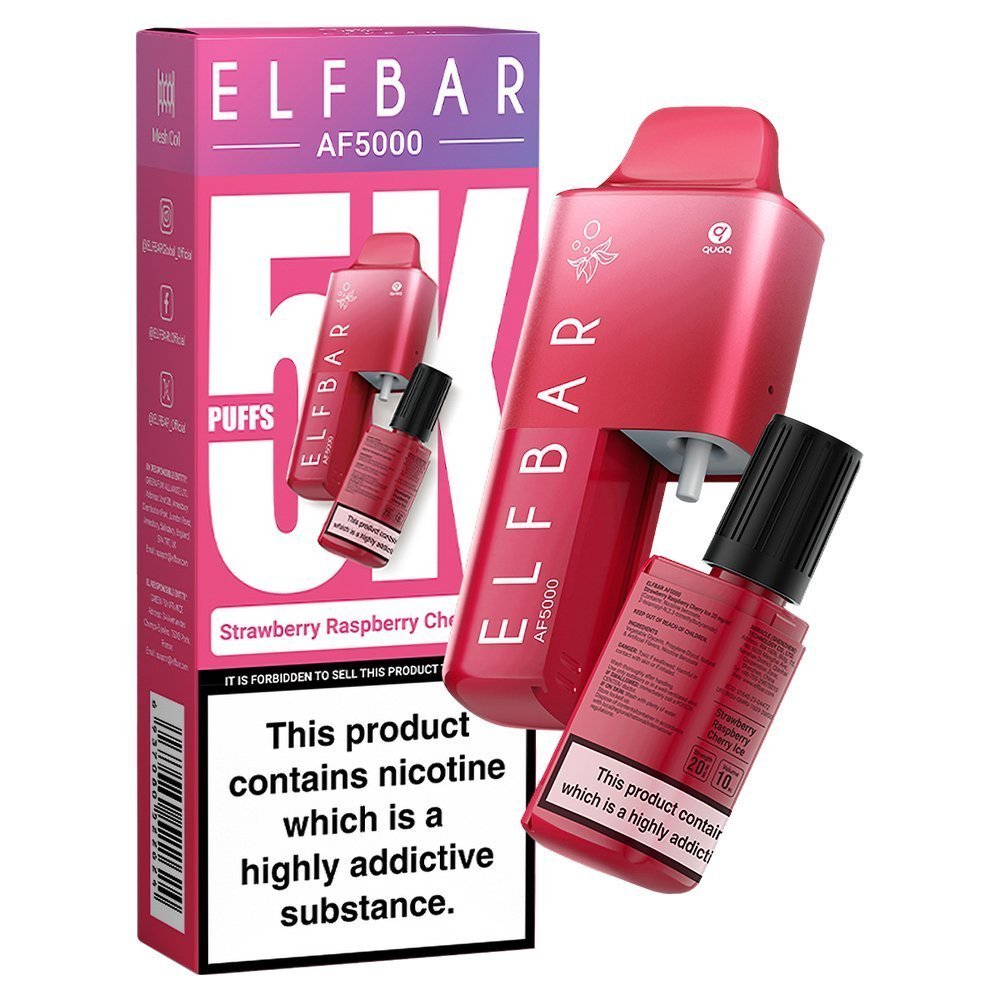 Buy Elfbar AF5000 Puffs Vape kit Device - Box of 5 - Strawberry Raspberry Cherry Ice