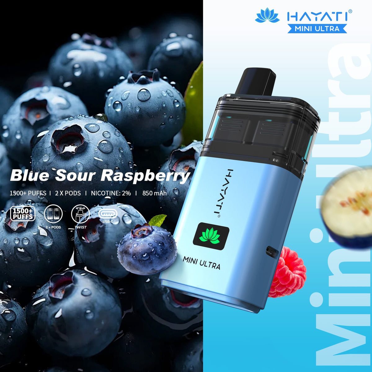 Buy Hayati Mini Ultra 1500 Disposable Vape Box of 5 - Blue Sour Raspberry