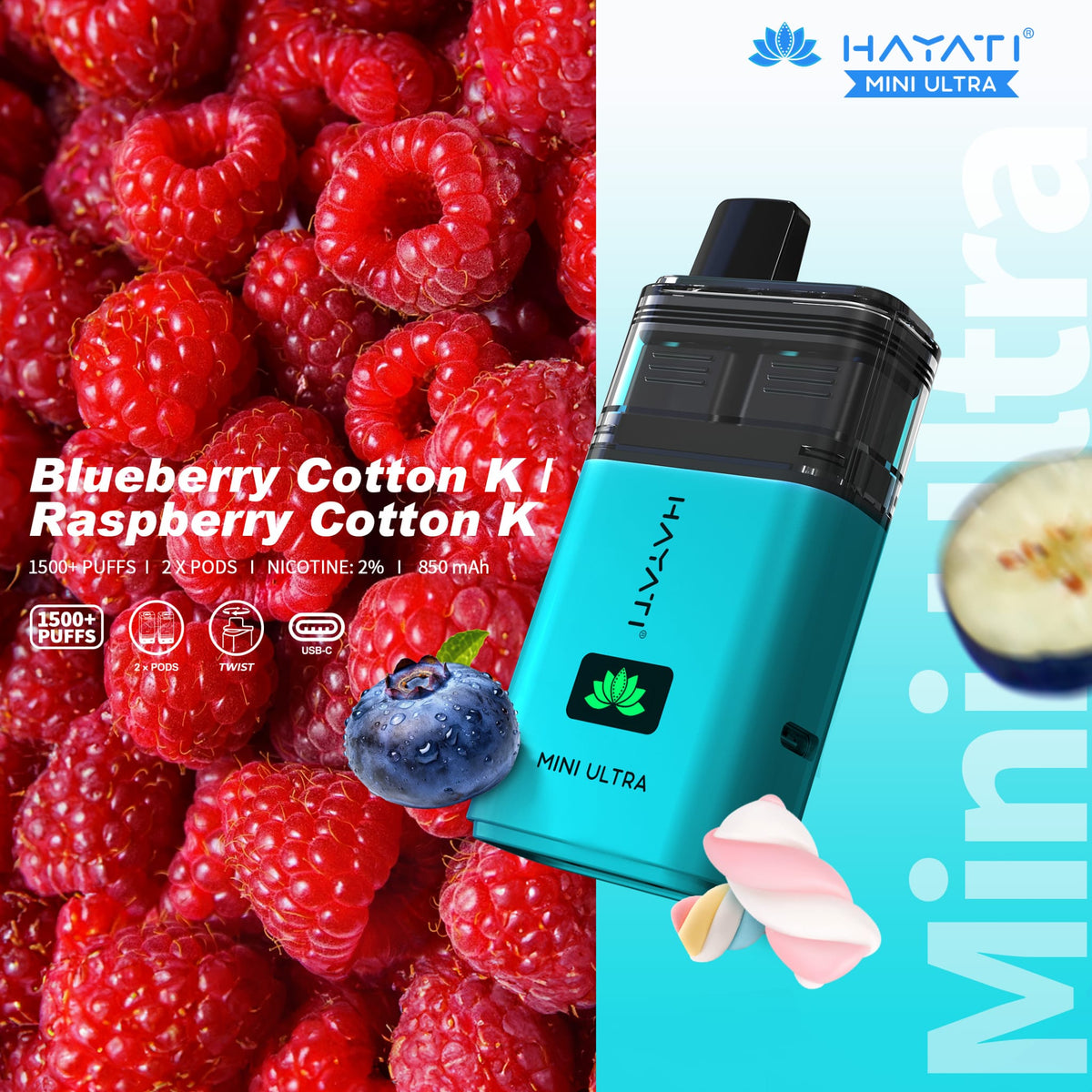 Buy Hayati Mini Ultra 1500 Disposable Vape Box of 5 - Blueberry Cotton K / Raspberry Cotton K