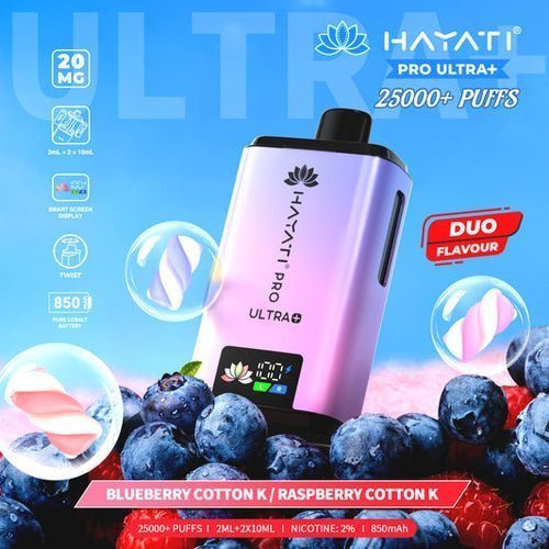 Buy Hayati Pro Ultra Plus 25k Prefilled Pod System Vape Kit Box of 5 - Blueberry Cotton Candy / Raspberry Cotton Candy