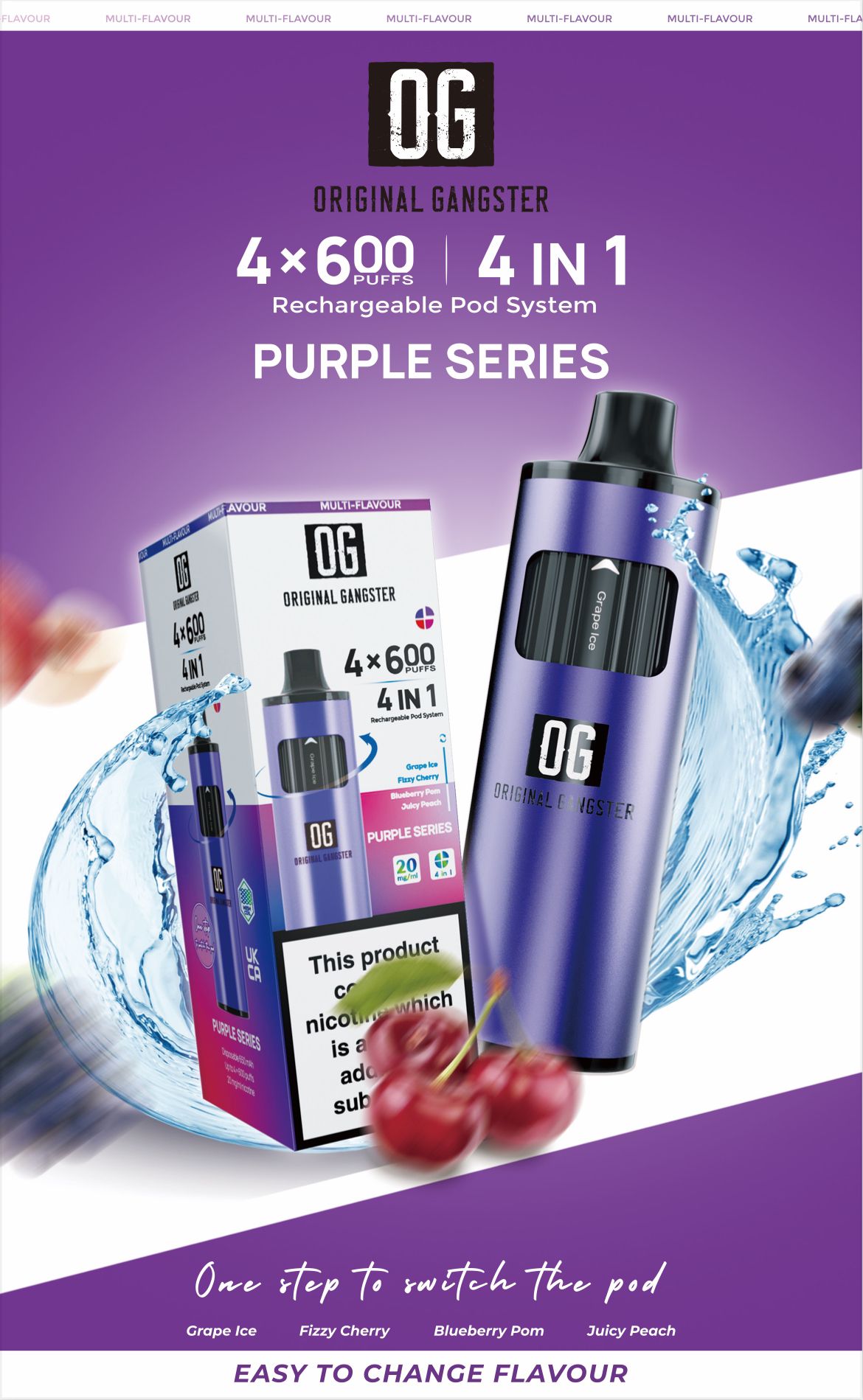 OG Original Gangster 2400 4 in 1 Vape Device Pack of 5 - Purple Series