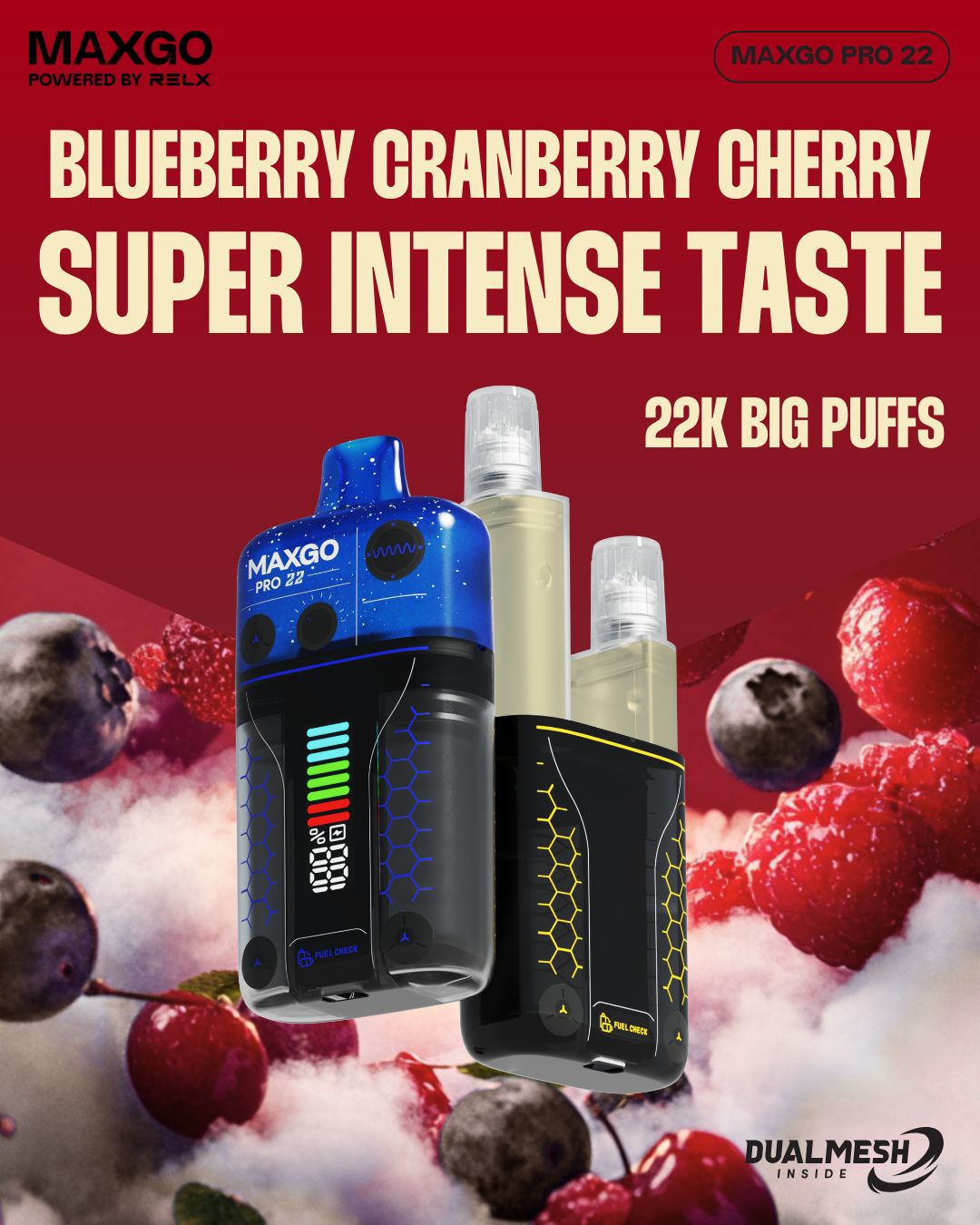 Buy RELX Maxgo 22k Disposable Vape Box of 5 - Blueberry Cranberry Cherry
