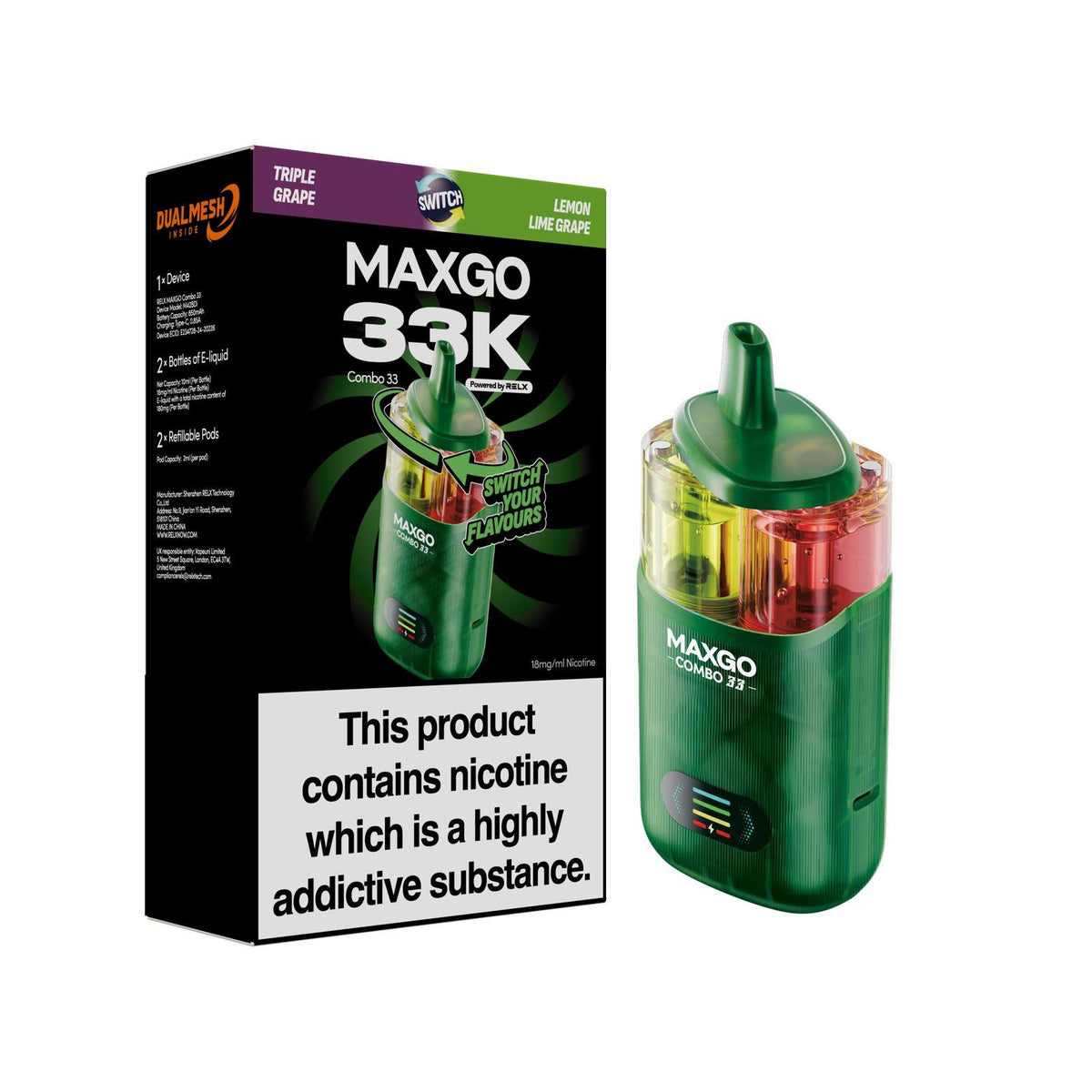 Buy Relx Maxgo 33k Prefilled Pod Vape Kit Pack of 3 - Triple Grape + Lemon Lime Grape