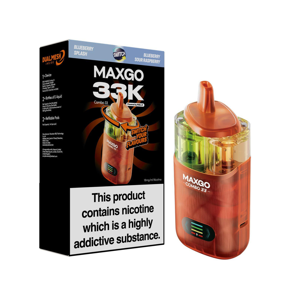 Buy Relx Maxgo 33k Prefilled Pod Vape Kit Pack of 3 - Blueberry Splash + Blueberry Sour Raspberry
