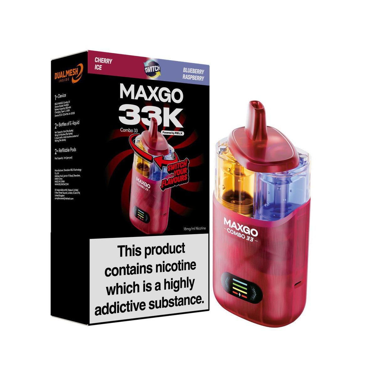Buy Relx Maxgo 33k Prefilled Pod Vape Kit Pack of 3 - Cherry Ice + Blueberry Raspberry