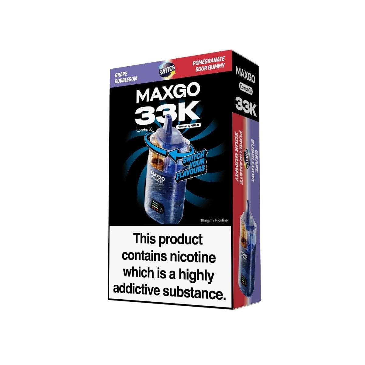 Buy Relx Maxgo 33k Prefilled Pod Vape Kit Pack of 3 - Grape Bubblegum + Pomegranate Sour Gummy