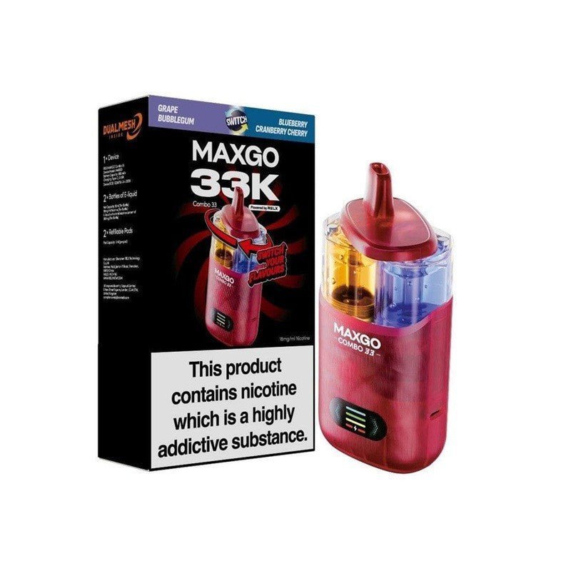 Buy Relx Maxgo 33k Prefilled Pod Vape Kit Pack of 3 - Grape Bubblegum + Blueberry Cranberry Cherry