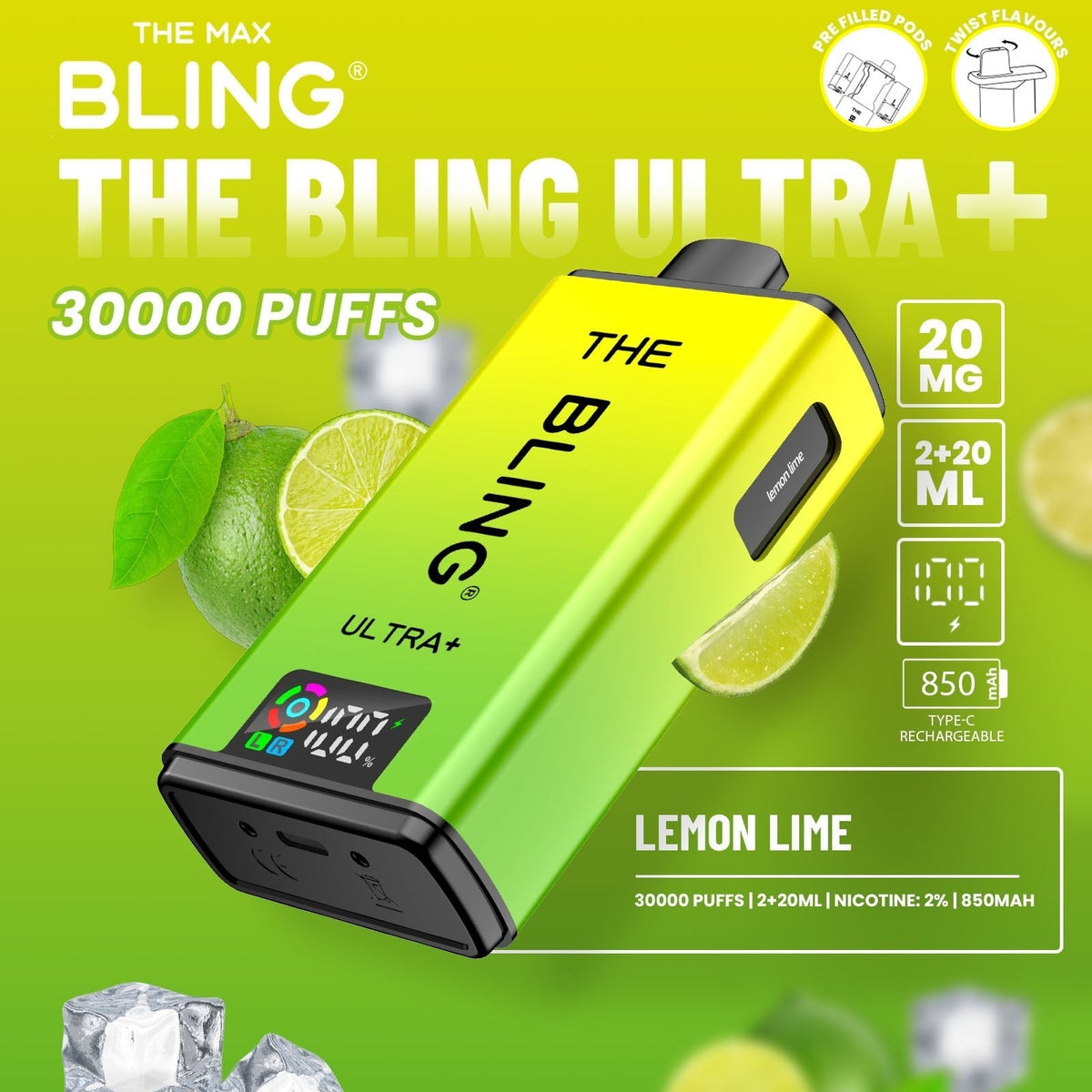 Buy The Bling Ultra Plus 30k Prefilled Vape Pod Kit Box of 5 - Lemon Lime