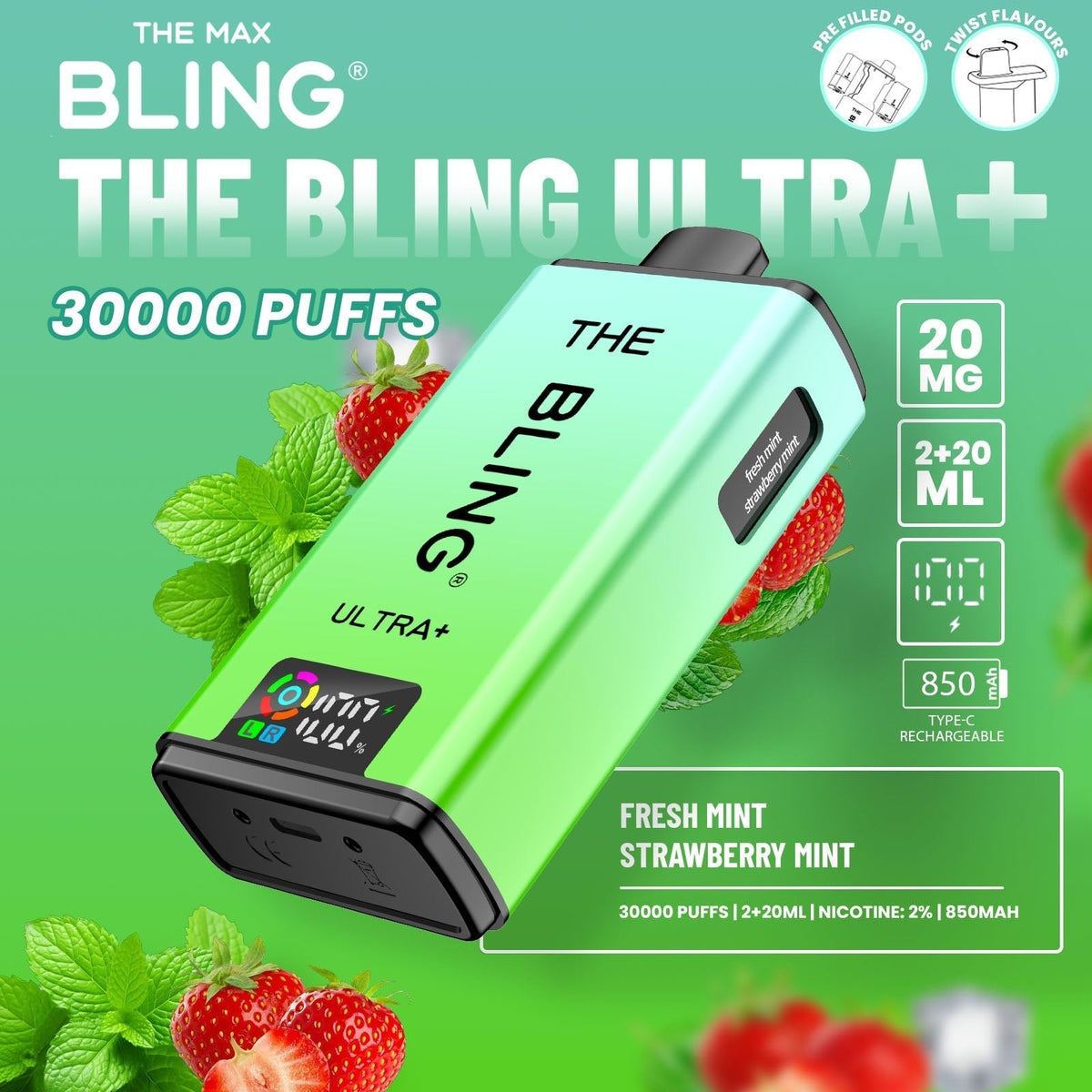 Buy The Bling Ultra Plus 30k Prefilled Vape Pod Kit Box of 5 - Fresh Mint/Strawberry Mint