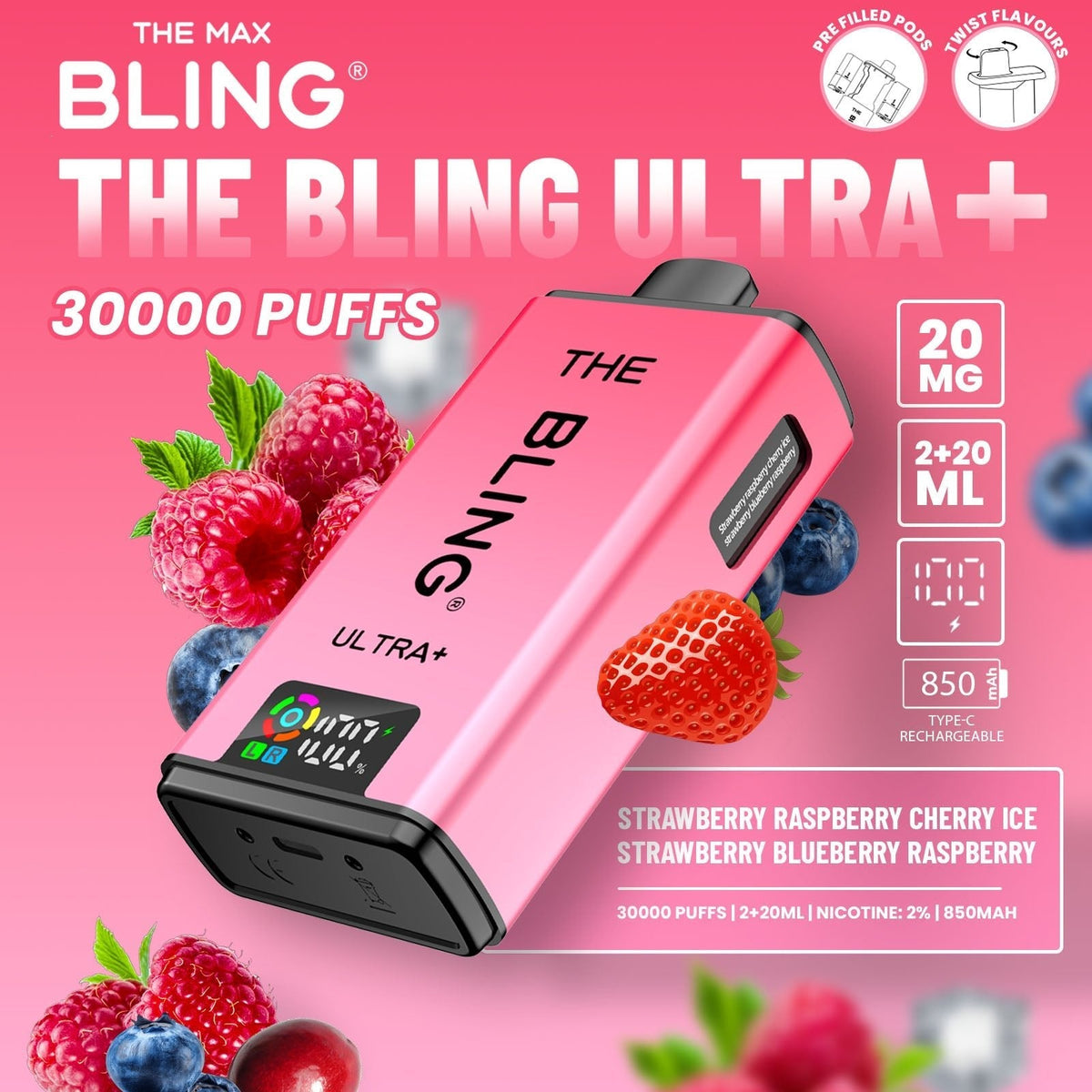 Buy The Bling Ultra Plus 30k Prefilled Vape Pod Kit Box of 5 - Strawberry Raspberry Cherry Ice/Strawberry Blueberry Raspberry