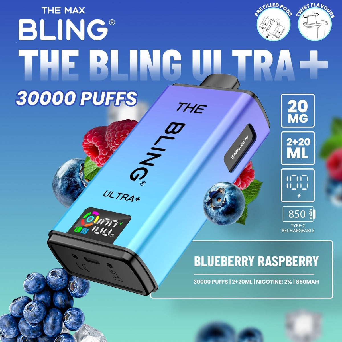 Buy The Bling Ultra Plus 30k Prefilled Vape Pod Kit Box of 5 - Blueberry Raspberry
