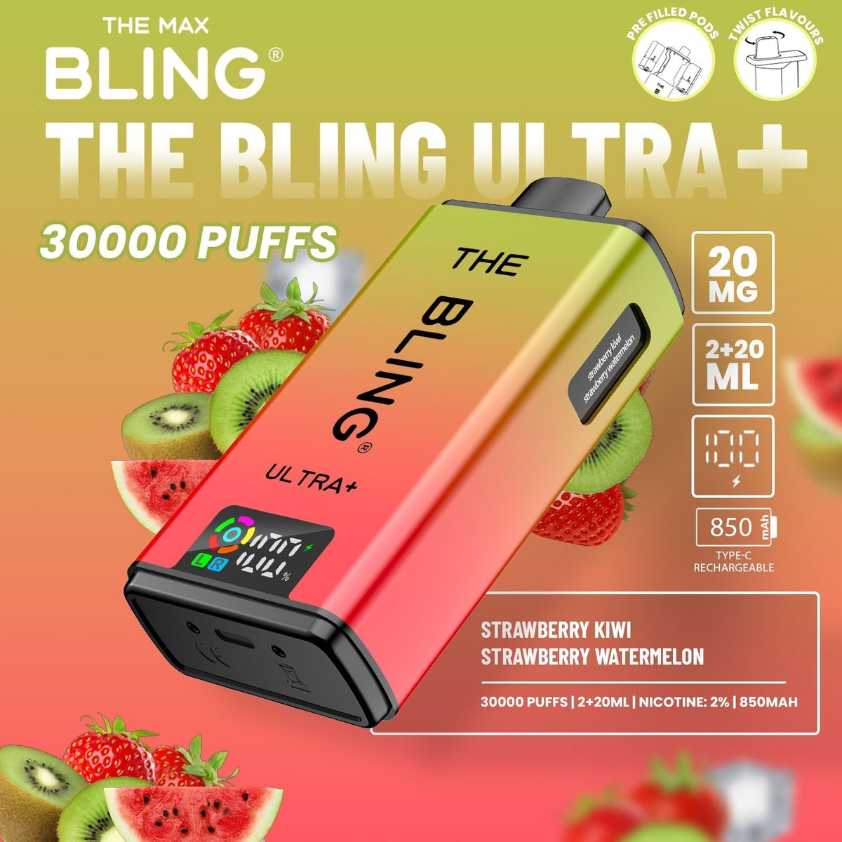 Buy The Bling Ultra Plus 30k Prefilled Vape Pod Kit Box of 5 - Strawberry Kiwi/Strawberry Watermelon