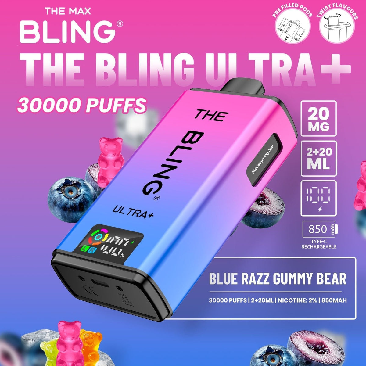 Buy The Bling Ultra Plus 30k Prefilled Vape Pod Kit Box of 5 - Blue Razz Gummy Bear