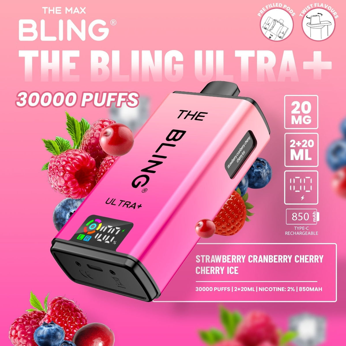 Buy The Bling Ultra Plus 30k Prefilled Vape Pod Kit Box of 5 - Strawberry Cranberry Cherry/Cherry Ice
