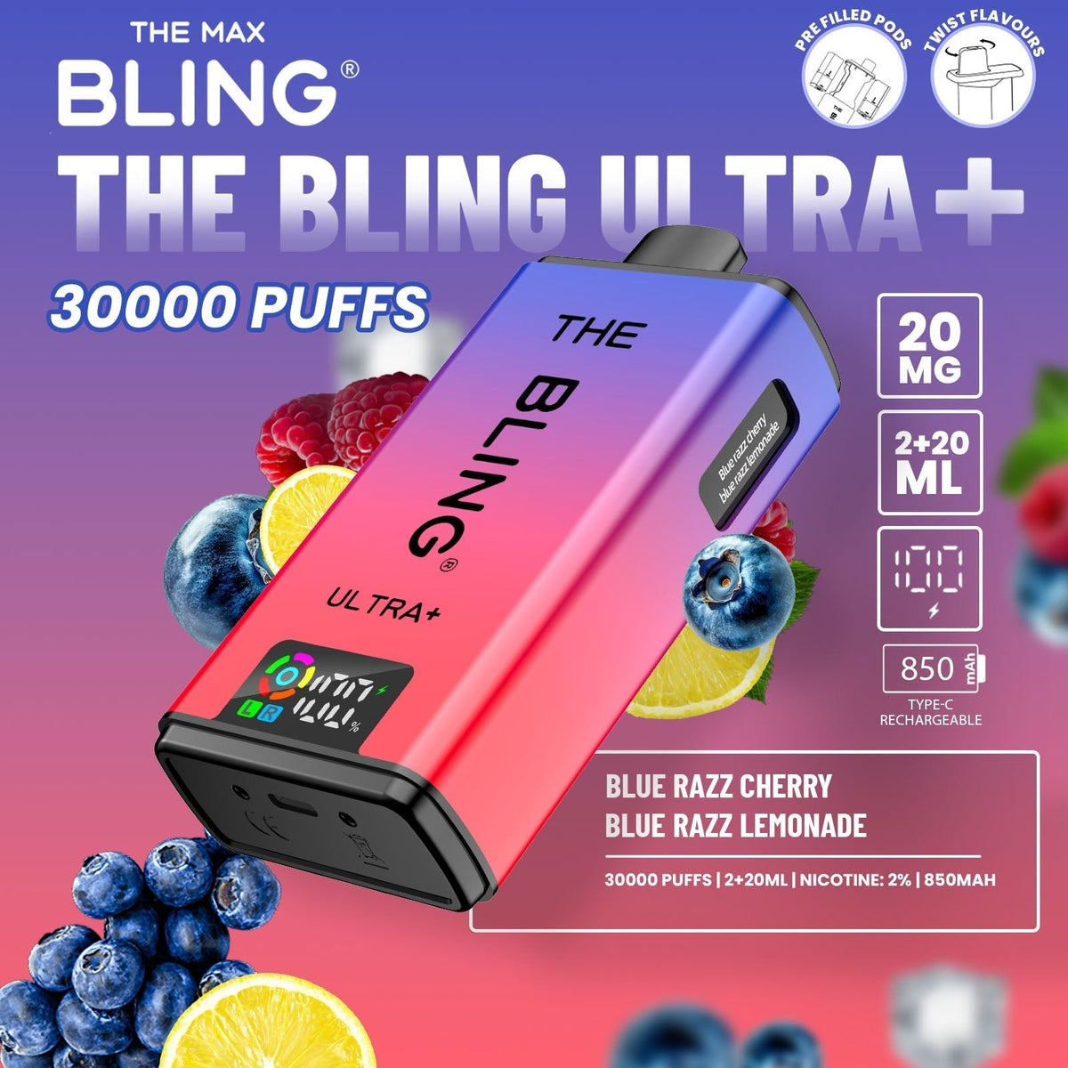 Buy The Bling Ultra Plus 30k Prefilled Vape Pod Kit Box of 5 - Blue Razz Cherry/Blue Razz Lemonade