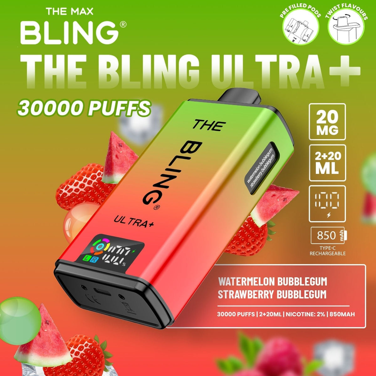 Buy The Bling Ultra Plus 30k Prefilled Vape Pod Kit Box of 5 - Watermelon Bubblegum/Strawberry Bubblegum