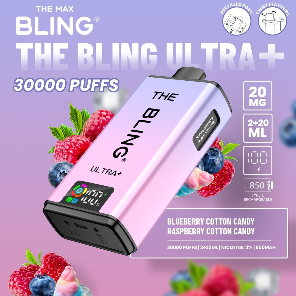 Buy The Bling Ultra Plus 30k Prefilled Vape Pod Kit Box of 5 - Blueberry Cotton Candy/Raspberry Cotton Candy