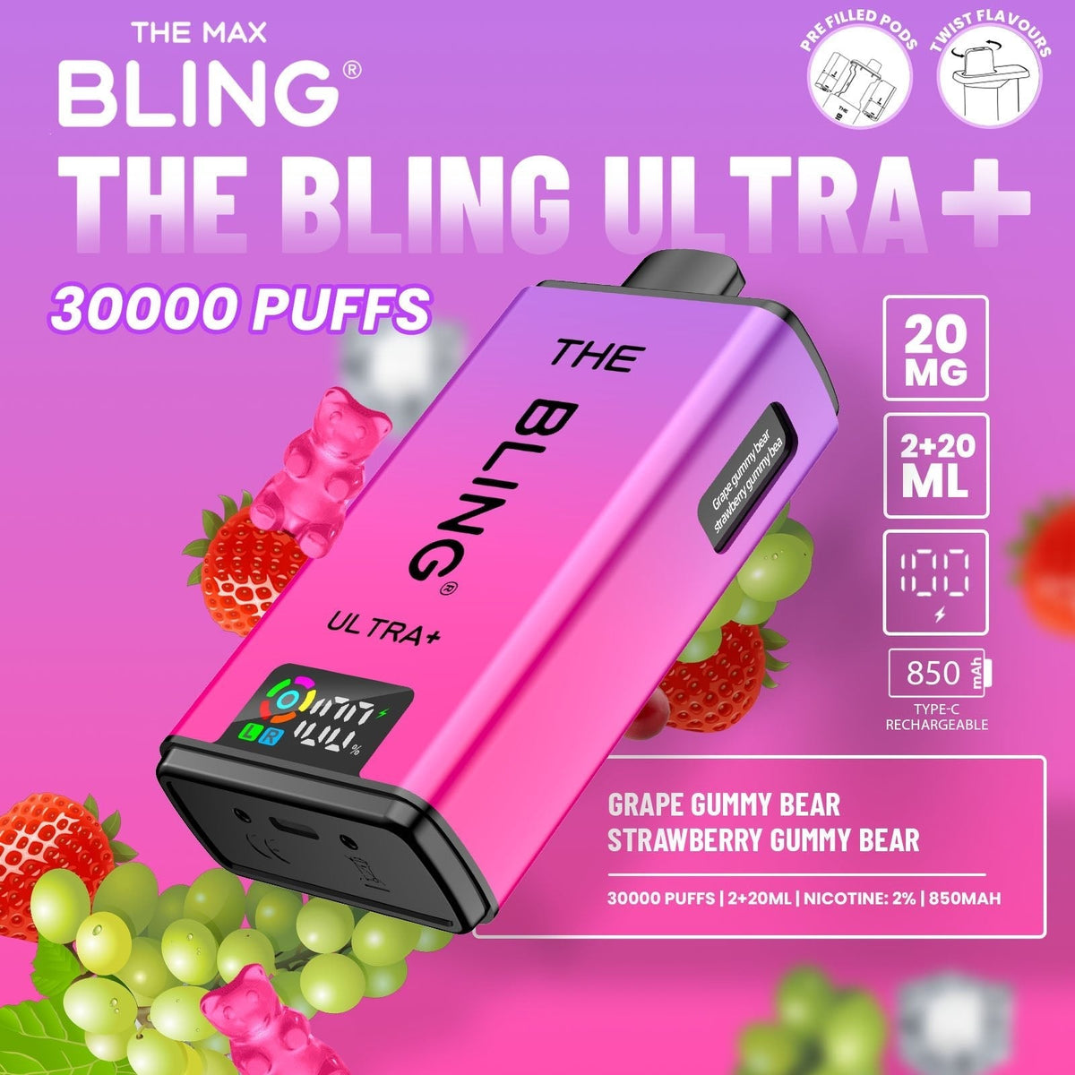Buy The Bling Ultra Plus 30k Prefilled Vape Pod Kit Box of 5 - Grape Gummy Bear/Strawberry Gummy Bear