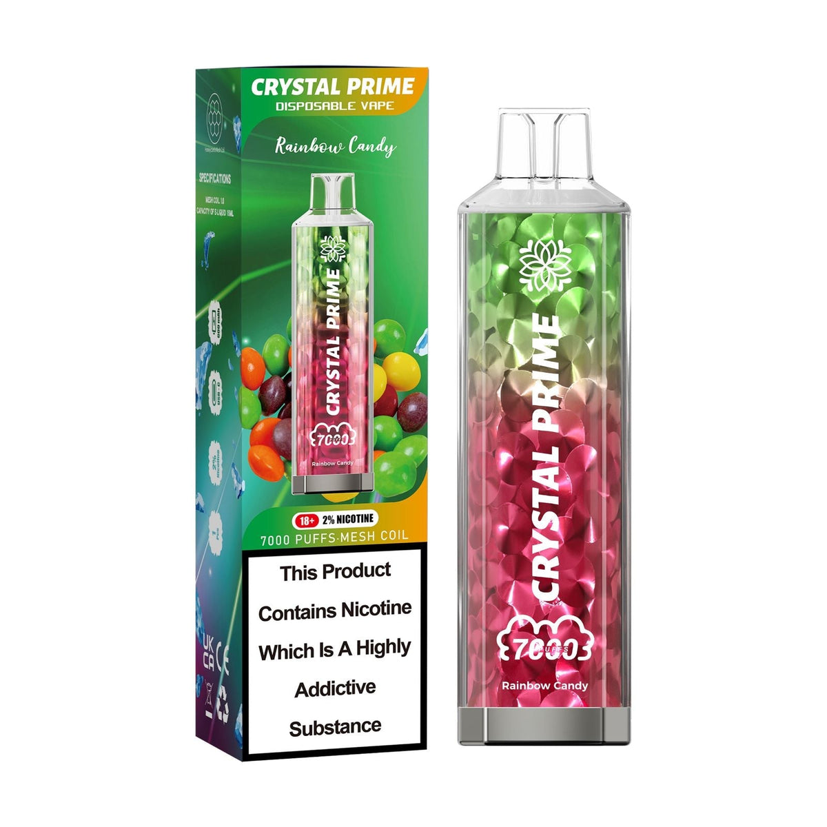 Buy Crystal Prime 7000 Puffs Disposable Vape Box of 10 - Skittles (Rainbow Candy)
