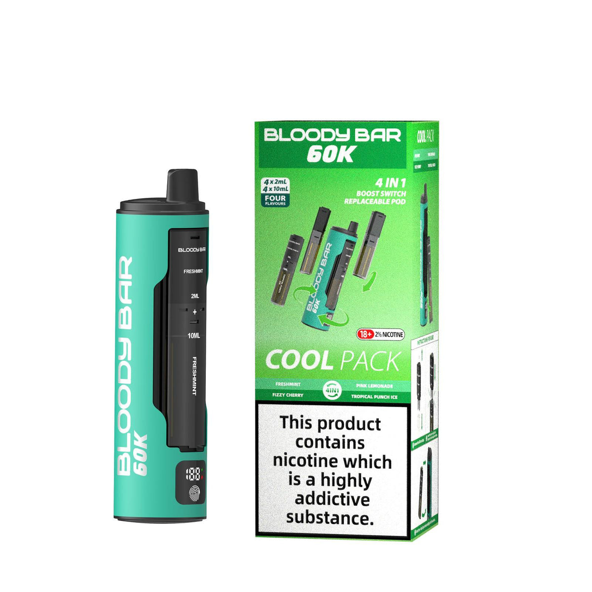 Buy Bloody Bar 60k Prefilled 4 In 1 Pod Vape Kit Box of 5 - Fresh Mint/Fizzy Cherry/Pink Lemonade/Tropical Punch Ice
